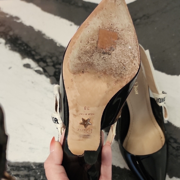 Dior Black Patent Slingback Pumps with White J'Adior Straps - Picture 3 of 5